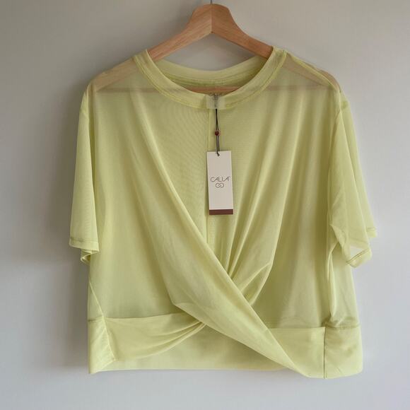 Calia Womens Boxy Crop Tee Sheer Mesh Activewear Top Size L Yellow Twist Nwt‎ - Picture 1 of 6